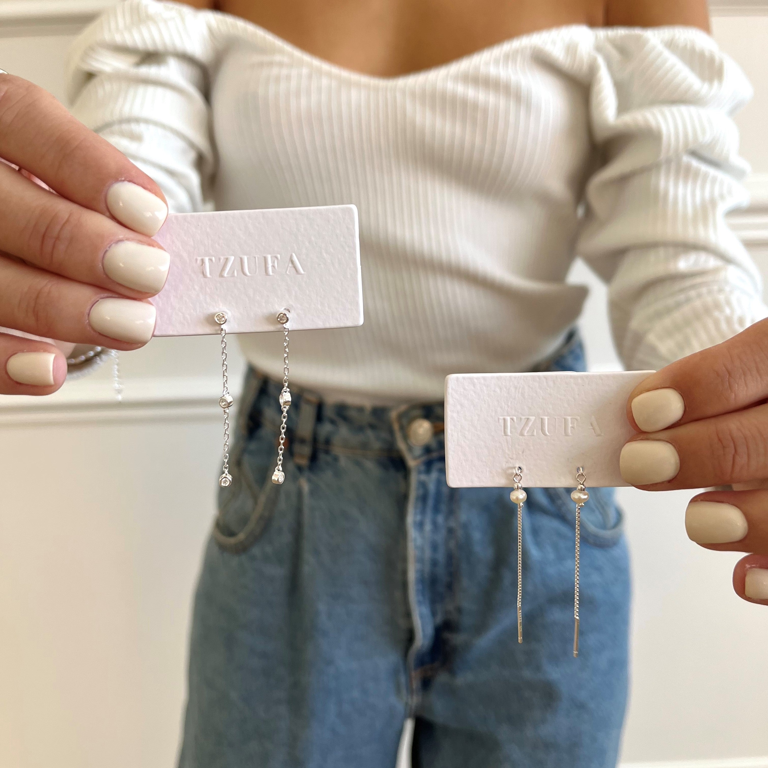 עגילי שרשרת צמודים משובצים זירקונים כסף 925